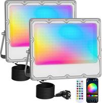 2 RGB lauko prožektorių pakuotė, 150 W, spalvingi LED prožektoriai su "Bluetooth" programėle ir 2.4G nuotolinio valdymo pulteliu, IP66 vandeniui atsparūs, keičiantys spalvas, reguliuojamo apšvietimo prožektoriai Helovinui, Kalėdoms, vakarėliams