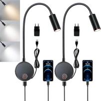 2 sieninių skaitymo lempų pakuotė, reguliuojamas apšvietimas, juoda sieninė skaitymo lemputė su jungikliu ir USB įkrovimo prievadu, sieninis tvirtinimas, lovos lempa, lanksti skaitymo lemputė, miegamojo LED sieninė lemputė su įkrovikliu