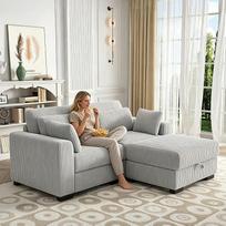 2 vietų sofa, minkšta svetainės sofa, sofa su šezlongu, sofa-lova, modulinė grindų sofa, L formos, audinio apmušalas su pagalvėmis ir taburete (pilka, 2 sėdimosios vietos + 1 kojų atrama)