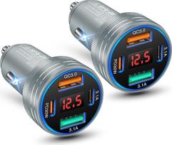 2 vnt. 65 W cigarečių degiklio tipo USB, 12 V USB adapteris, 4 prievadų PD ir QC3.0 automobilinis įkroviklis su LED voltmetru, skirtas „iPhone“ 17, 16, 15, 14, 13, 12 Pro Max, „Samsung“, „iPad Pro“ | 4 prievadų PD + QC3.0 automobilinis įkroviklis su LED v