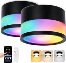 2 vnt. LED paviršinio montavimo prožektoriai, reguliuojamo ryškumo, RGB, IP65, lubiniai šviestuvai, montuojami ant paviršiaus, su nuotolinio valdymo programėle, 12 W lubiniai prožektoriai, juodi, 2700 K – 6500 K, Ant paviršiaus montuojamas prožektorius, p