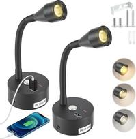 2 vnt. namelyje ant ratų skaitymo lempa su USB A+C įkrovikliu, 12 V LED sieninis šviestuvas Spot Dimmable trijų spalvų temperatūros, "Gooseneck" lankstus sieninis apšvietimas kemperiui, furgonui, karavanui, valčiai, jachtai (juodas)