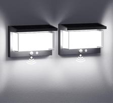 2 vnt. saulės energija maitinamų lauko šviestuvų su judesio jutikliu rinkinys, IP65 atsparumas vandeniui, 6500 K šaltos baltos spalvos lauko sieninis šviestuvas su judesio jutikliu, automatinis įjungimas/išjungimas, LED sieninis lauko šviestuvas, skirtas