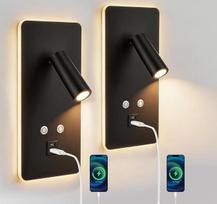 2 x LED sieninis skaitymo šviestuvas, nuolat reguliuojamo apšvietimo skaitymo lempa, naktinis šviestuvas, sieninis šviestuvas, skaitymo lemputė su USB ir C tipo įkrovimo prievadu ir jungikliu miegamajam, viešbučiui, prieškambariui (šilta šviesa 3 W + 9 W)