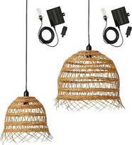 2 x Solar-Pendelleuchte, 2 x Hawaii, Long Solar, aus Polyrattan mit Hybridkabel, Netz- und Solarkabel, 5 m Länge