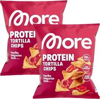 2 x „MORE“ baltyminiai tortiljų traškučiai su vengrų paprikos prieskoniais, 50 g – baltymų turtingi bulvių užkandžiai su vengrų paprikos prieskoniais – iš viso 100 g + „HeartGlobal“ siuntimo apsauga