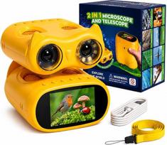 2-in-1 mikroskopas vaikams ir žiūronai, vaikams, 2,0 colių IPS HD mikroskopas, 1000 kartų didinantis teleskopas su 8 LED lemputėmis, 1080P, natūralus lauko žaislas mergaitėms ir berniukams nuo 3 metų, geltonas | Nuotraukų ir vaizdo įrašų darymas, 10 kartų