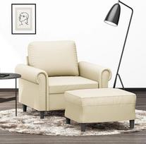 2-tig Sessel mit Hocker Set Creme 60 cm Kunstleder Sofa Couch für Lesen und Fernsehen