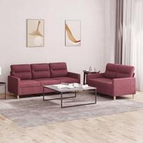 2-TLG. Sofų komplektas su pagalvėlėmis iš vyno raudonumo audinio. Jauki sofa su pufu, patvarus audinys, tvirtas karkasas, patogus sėdėjimas