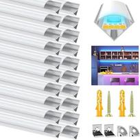 20 m LED aliuminio profilis LED juostelėms, V formos aliuminio profilis, kampinis aliuminio profilis, juostelės kanalo difuzorius su pieno baltumo dangteliu, tvirtinimo spaustukai, LED bėgelis (be LED juostelės)