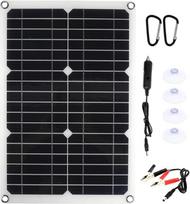 20 W, 18 V juodas saulės kolektorius su akumuliatoriaus tvirtinimo spaustuku, skirtas automobiliui | Monokristalinis silicis, ABS ir varis, lengvas ir nešiojamas, USB 5 V bei DC 5521 18 V jungtis
