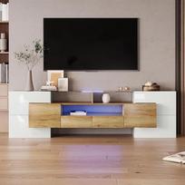 200 cm ilgio blizgi TV spintelė, skirta televizoriams iki 85 colių, žemoji lenta su atvirais skyriais ir LED apšvietimu, TV spintelė su durelėmis ir stalčiais, svetainės TV spintelė, balta + medžio spalva