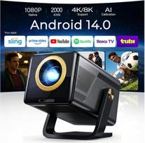 2000 ANSI liumenų, natūralios 1080p raiškos išmanusis mini projektorius su „Android 14“ | 4K namų kino projektorius, „Wi-Fi 6“ ir „Bluetooth“, automatinis fokusavimas, trapezoidės iškraipymų korekcija, LED, kompaktiškas, skirtas miegamajam
