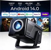2000 ANSI liumenų, natūralios 1080p raiškos išmanusis mini projektorius su „Android 14“ | 4K namų kino projektorius, „Wi-Fi 6“ ir „Bluetooth“, automatinis fokusavimas, trapezoidės korekcija, LED, kompaktiškas, skirtas miegamajam