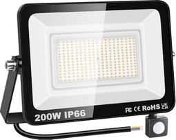 200W judesio jutiklio lauko šviesa, 20000lm LED potvynio lauko žibintai 4000K dienos šviesos šiltos baltos spalvos apsaugos žibintai IP67 vandeniui atsparūs sodui, garažui, kiemui, sporto aikštynui, terasai