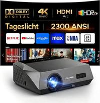 2300 ANSI dienos šviesos projektorius, 1080P išmanusis projektorius su 4K UHD dekodavimu | DD+, „Wi-Fi 6“, „Bluetooth 5.2“, automatinis fokusavimas ir trapecijos iškraipymų korekcija, 38 W „Hi-Fi“ garso sistema filmams, žaidimams ir sporto transliacijoms