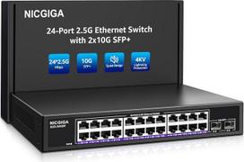 24 prievadų 2,5G + 2 prievadų 10G SFP+ Ethernet komutatorius, „NICGIGA“ 26 prievadų 2,5Gb tinklo komutatorius (nevaldomas), „Plug & Play“, skirtas naudoti ant stalo arba montuoti į 19 colių stelažą, be ventiliatoriaus, metalinis korpusas.