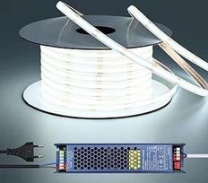 24 V COB LED juosta lauke 20 m, 6000 K vėsiai balta LED juosta lauke IP67 atspari vandeniui 7 W/M CRI 93 su maitinimo šaltiniu, skirta kambarių dekoravimui ir lauko dekoravimui