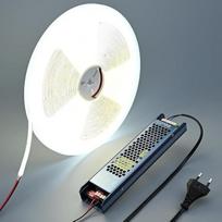 24 V IC COB LED juosta 20 m, LED juosta 6000 K Cool White Self-Adhesive LED Strip 8 W/M CRI 90+ su maitinimo šaltiniu, skirta kambario apdailai, akustinių plokščių apšvietimui, virtuvės apšvietimui