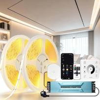 24 V COB LED juosta, 20 m, reguliuojamo ryškumo, 3000 K, šiltos baltos spalvos, galima sutrumpinti, suderinama su „Alexa“, 10 W/m, 336 LED/m, CRI 93+, 1000 lm/m LED juosta su maitinimo šaltiniu, skirta miegamajam, virtuvės spintelėms