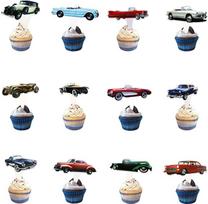 24 vnt. cupcake papuošimų rinkinys, klasikiniai retro automobilių stiliaus tortų papuošimai, senovinių automobilių dekoracijos, gimtadienio, jubiliejaus, vestuvių, vakarėlio ir desertų tortų papuošimai