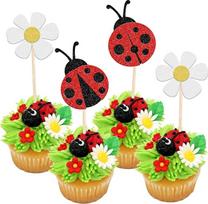 24 vnt. rinkinys „Ladybird“ cupcake papuošalų su blizgučiais, gimtadienio tortų dekoracijos, gamtos motyvų gėlės, vabzdžių tortų dekoracijos, gyvūnų tematikos tortų papuošalai berniukams, mergaitėms, vaikų gimtadieniams ir kūdikių sutikimo šventėms