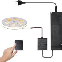 24V COB LED juosta 5M - 480LEDs/m, nemirganti, itin ryškios spalvos temperatūra 2700K-6500K, reguliuojama, su jutikliniu jungikliu, 2.4G valdikliu ir 60W maitinimo šaltiniu, skirta virtuvei, spintelėms