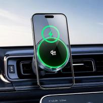 25 W magnetinis automobilinis laikiklis su ventiliatoriaus aušinimu ir spalvotu apšvietimu, „Qi“ belaidis greitojo įkrovimo įrenginys, skirtas montuoti ant oro ventiliacijos angos – pasukamas 360°, tvirtai laikosi, komplekte yra metalinis žiedas mobiliesi