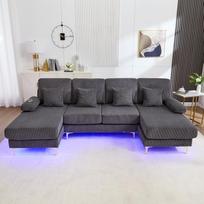 265 cm pilkos spalvos LED kampinė sofa su miego funkcija | 4 prabangios pagalvėlės, ergonomiška, rėmas iš masyvios medienos