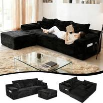 275 cm kampinė sofa su miego funkcija, L formos sofa-lova, 3-vietė su pufu kairėje arba dešinėje, poilsio sofa svetainei, atskirai stovinti, nereikalauja surinkimo