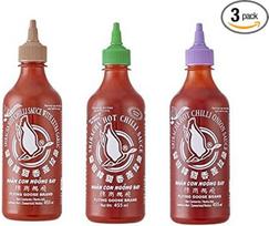 3 aštrių aitriųjų čili padažų rinkinys "Sriracha", įvairios rūšys 3 x 455 ml aitriųjų paprikų padažo 3 Pamai Pai