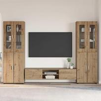 3 dalių medžio plaušo medžiagos TV spintelės komplektas su durelėmis „Florin“, pagamintas iš „Artisan“ ąžuolo, šiuolaikiško dizaino su aiškiomis linijomis ir matiniu paviršiumi, suteikiantis funkcionalią saugojimo erdvę svetainėje