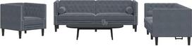 3 dalių tamsiai pilkos spalvos aksominis „Chesterfield“ sofų komplektas su pagalvėlėmis: 3-vietė sofa, 2-vietė sofa ir fotelis; svetainės baldų komplektas, patogus, su tvirtomis kojomis ir klasikinio dizaino