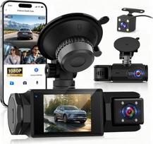 3 kanalų automobilinė vaizdo kamera: 1080P priekinė kamera + 480P dviguba kamera, 2 colių ekranas, „Wi-Fi“ programa
