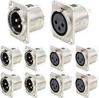 3 kontaktų XLR moteriškos jungties garso adapteris; 3 kontaktų XLR vyriškos jungties adapteris, skirtas montuoti į skydelį, mikrofonui (10 vnt. pakuotė)