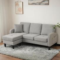 3 vietų kampinė sofa su šezlongu, modulinis dizainas, lankstus išdėstymas, kvėpuojantis medvilninio lino audinys, tvirtas rėmas, plastikinės kojos, patogi mažoms erdvėms, 166 x 118 x 77 cm, pilka spalva