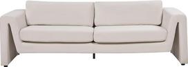 3 vietų sofa iš aksomo, šviesiai smėlio spalvos, su stora sėdimoji pagalve ir plačiais porankiais, šiuolaikiško stiliaus „Maunu“