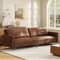 3 vietų sofa iš vintažinės odos - kompaktiška dirbtinės odos sofa su sagomis, metalinėmis kojelėmis ir tiesiais porankiais, ruda - retro sofa svetainei, biurui ar mažam butui (220 cm dryžuotas dizainas)