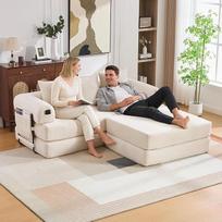 3 vietų sofa lova su taburete, sofa su miego funkcija, išskleidžiama sofa lova su šoninėmis kišenėmis ir 3 pagalvėlėmis, smėlio spalvos