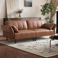 3 vietų sofa, sofa su miego funkcija, sofa lova, sofos ir sofos, išskleidžiama odinė sofa su reguliuojamu atlošu ir porankiais, 2 pagalvėlės, medinis plieno rėmas, 210 x 74 x 77 cm (ruda)