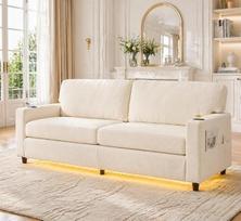 3 vietų sofa-lova su USB ir LED apšvietimu, „Love Sofa“ su gėrimų laikikliais ir šoninėmis kišenėmis, skirta svetainei ir miegamajam, smėlio spalvos