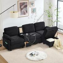 3 vietų sofa-lova, modulinė sofa su 2 puodelių laikikliais ir laikymo vieta, sofa-lova su USB-C prievadu, šonine kišene, otomanu, sofa svetainei ir miegamajam, juoda