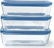 3 vnt. maisto laikymo indų su dangčiais rinkinys – „Pyrex“ – „Plastica Zero“ – stikliniai – stačiakampiai – 1,5 l