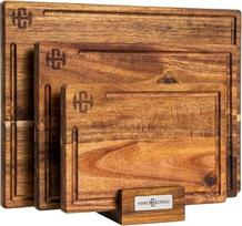 3 vnt. pjaustymo lentelių rinkinys iš masyvios akacijos medienos, 2 cm storio, 40 x 30/33 x 24/26 x 18 cm, su laikikliu, sulčių grioveliu ir bičių vaško danga