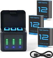3 vnt. rinkinys: patobulinta 2580 mAh „Hero 12“ baterija ir 3 kanalų USB įkroviklis su LED indikatoriumi, aukštos kokybės baterija, skirta „GoPro Hero 12/11/10/9 Black Enduro“ įkraunamoms kameroms su „Type-C“ duomenų perdavimo kabeliu