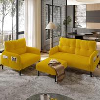 3-ių dalių sofų komplektas su velveto apmušalu, svetainė, garstyčių geltonumo spalvos, fotelis, pufas, dvivietė sofa