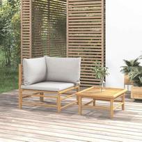 3-TLG. Garten-Lounge-Set aus Bambus mit hellgrauen Kissen - Lauko poilsio komplektas als Bambus Gartenmöbel Set