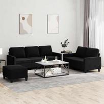 3-TLG. Juodo aksomo sofų komplektas su dviviete, triviete sofa ir pufu, minkštas baldų komplektas su pagalvėlėmis, patogus svetainėje, svečių kambaryje, paauglių kambaryje ir poilsio zonoje, patvarus ir stilingas