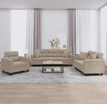 3-TLG. Mikrofibros sofų komplektas su „Taupe“ spalvos pagalvėlėmis, pagamintas iš patvarios mikrofibros audinio, patogi 3-TLG. sofa su tvirtu karkasu ir pėdų atlošu