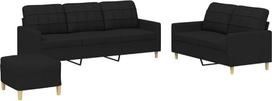 3-TLG. Sofų komplektas su audiniu aptrauktu pufu, juodos spalvos, storai paminkštinta sofa su pagalvėmis, tvirtas faneros ir metalo karkasas, universalus pufas, kuris gali būti naudojamas kaip papildoma